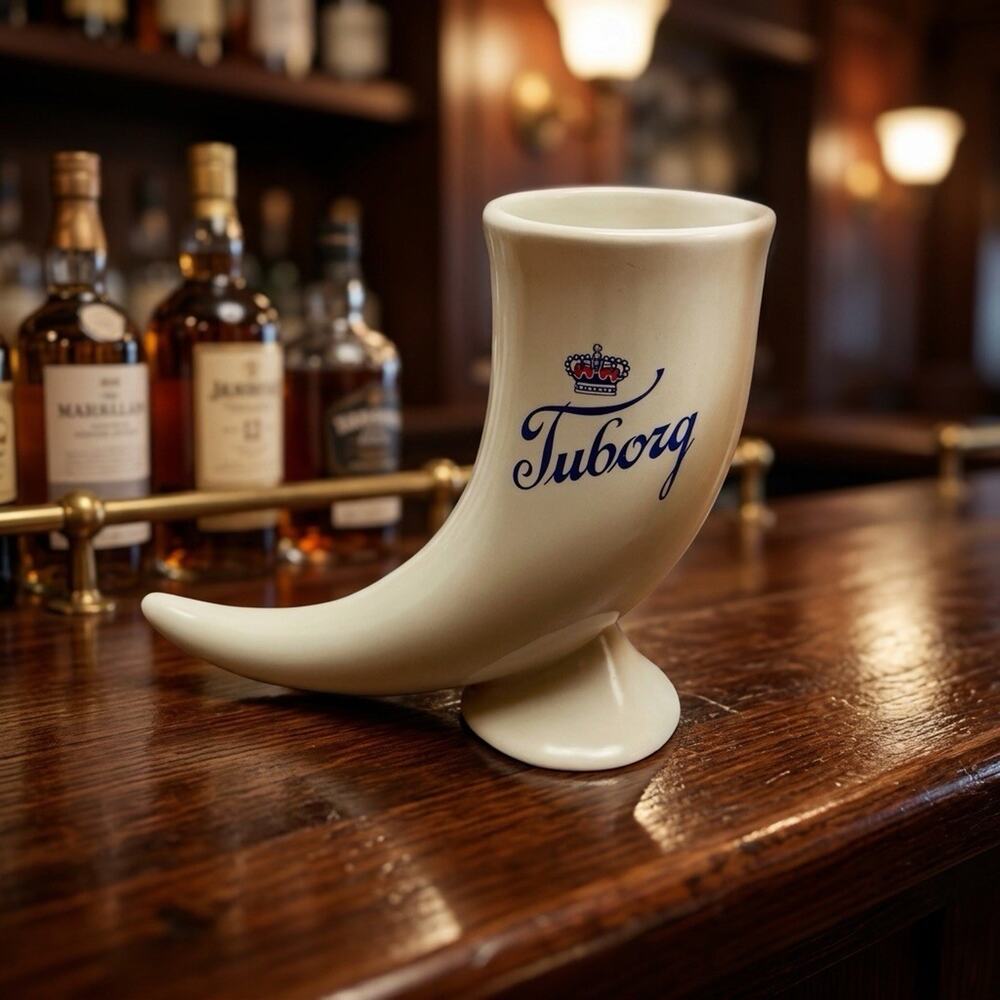 Tuborg Beer Viking Horn Mug Ceramic Drinking Horn Goblet White Barware Stein